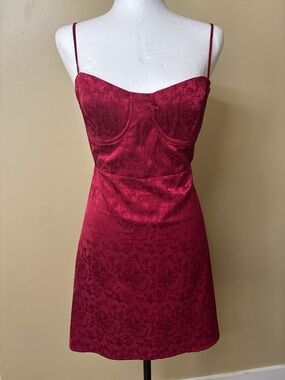 Princess Polly Deep Red Satin Floral Jacquard Mini Dress